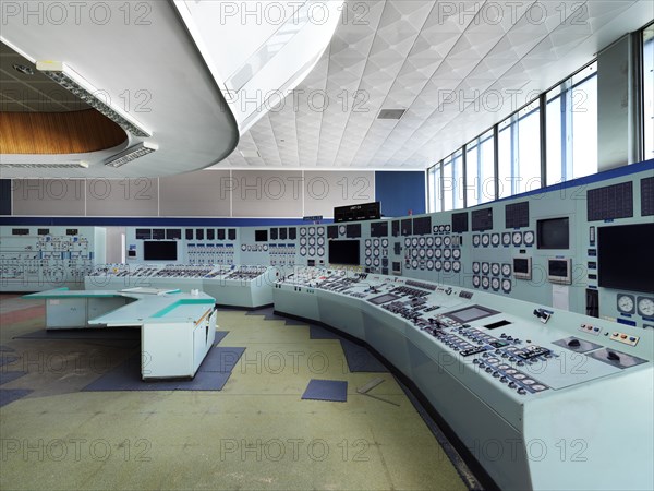 Ferrybridge C Power Station, West Yorkshire, 2018. Interior view of a control room in the power station, showing some of its control panels.