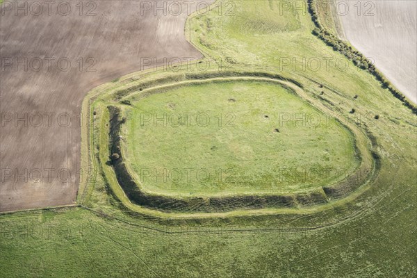 Liddington Castle univallate hillfort earthwork, Wiltshire, 2019.