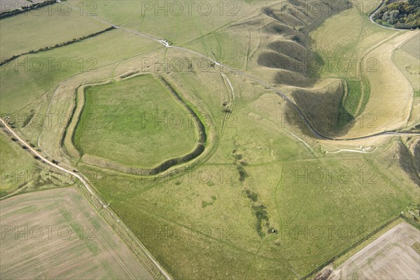 Uffington Castle hillfort and the Uffington White Horse chalk hill figure, Oxfordshire, 2019. Creator: Damian Grady.