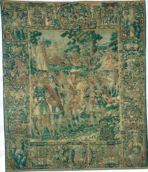 Alexander Kneeling before Jaddus at the Gates of Jerusalem [left section], from The Story of Alexander the Great, Flanders, c. 1600. Alexander's conversion to Judaism. Possibly woven at the workshop of Jacques Tseraerts, from designs attributed to Nicolaas van Orley.