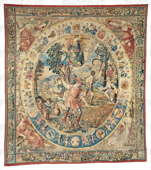 July, from The Medallion Months, Brussels, before 1528. Harvest scene with Runcina, the goddess of weeding or mowing in Roman mythology. In the circular frame are the signs of the zodiac. In the four corners are personifications of diseases. After a design by an artist in the circle of Bernard van Orley.