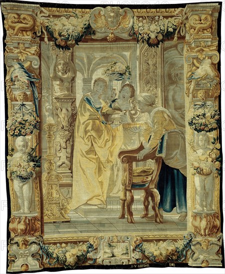 Tapestry (Four Servants), Flanders, c. 1650. Girl Offering Gifts, part of Telemachus Leading Theoclymenus to Penelope, from The Story of Odysseus. Woven at the workshop of Jan van Leefdael, after a design by Jacob Jordaens.