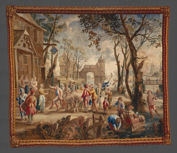 Procession of the Fat Ox from a Teniers Series, Brussels, c. 1725. Villagers prepare to butcher an ox for Shrove Tuesday, while others skate on a frozen canal. Musicians play outside the Sign of the Cross tavern. Woven at the workshop of Daniel IV Leyniers, after a design by Jan van Orley.