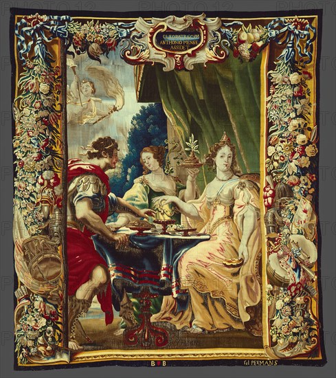 Cleopatra and Antony Enjoying Supper, from The Story of Caesar and Cleopatra, Brussels, c. 1680. Cleopatra dissolves a pearl in a cup of vinegar. Woven at the workshop of Gerard Peemans, after a design by Justus van Egmont.
