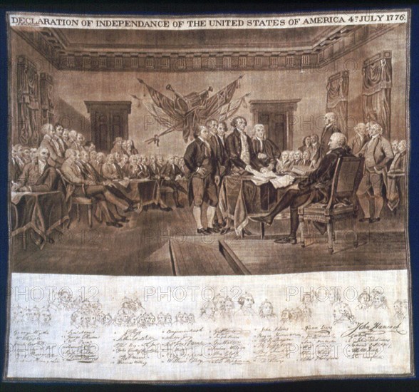 Declaration of Independance handkerchief, United States, c. 1876. 'Declaration of Independance of the Untited States of America 4th July 1776', with list of attendees below. After a painting by John Trumbull.