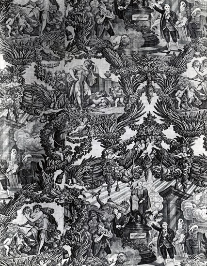 Garrick and Shakespeare with Tragedy and Comedy (Furnishing Fabric), England, c. 1790. Floral print with Shakespearean vignettes. Engraved by Caroline Watson after a painting by Robert Edge Pine.
