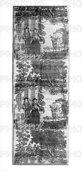 Panel (Furnishing Fabric), England, c. 1785. Lady and gentleman, turbanned groom with horses, riders and hunting dogs. After Daniel Mytens the elder, manufactured by Sir Robert Peel.