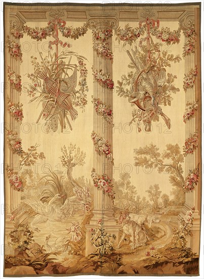 A Panel from a Porticoes Series, France, 1775/1800. Swans and hunting dogs. Woven at the Manufacture Royale du Beauvais or the Manufacture Royale d'Aubusson, possibly after designs by Jean-Baptiste Oudry and/or Jean-Baptiste Huet.