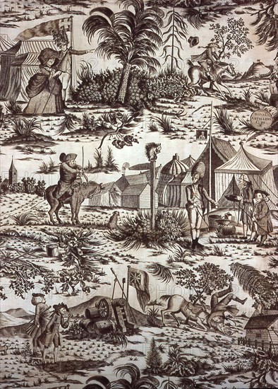 A Visit to the Camp (Furnishing Fabric), England, c. 1785. Humorous scenes with soldiers, horsemen, and a female visitor to a Royal Artillery military camp. After drawings by Henry Bunbury and engravings by William Dickinson and Thomas Watson.