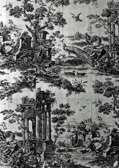 Panel (Furnishing Fabric), Middlesex, 1761. Pastoral scene with peacocks and ruins, one of the earliest examples of patterned fabric produced using copper plate printing. After etchings by Nicolaes Berchem after an engraving by Josephus Sympson after a painting by Marmaduke Craduck after a drawing by Francis Barlow. Manufactured by Robert Jones and Company.
