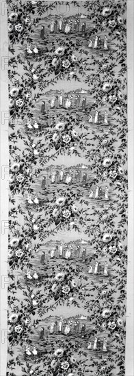 Panel (Furnishing Fabric), United States, c. 1880/90. Floral print with vignettes of girls in bonnets, after Kate Greenaway, engraved and printed by Edmund Evans.