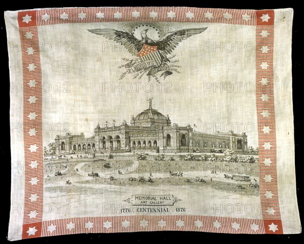 Handkerchief, Pennsylvania, 19th century. 'Memorial Hall Art Gallery - Centennial 1776-1876'. Art gallery in West Fairmount Park, Philadelphia, Pennsylvania, designed by Herman J. Schwarzmann and built for the 1876 Centennial Exposition. After Thomas Hunter.