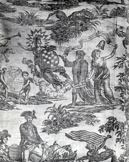 Apotheosis of Franklin (Furnishing Fabric), England, c.1785. Benjamin Franklin with the allegorical figures of America and Liberty. After a mezzotint by Valentine Green, and after a portrait by John Trumbull.
