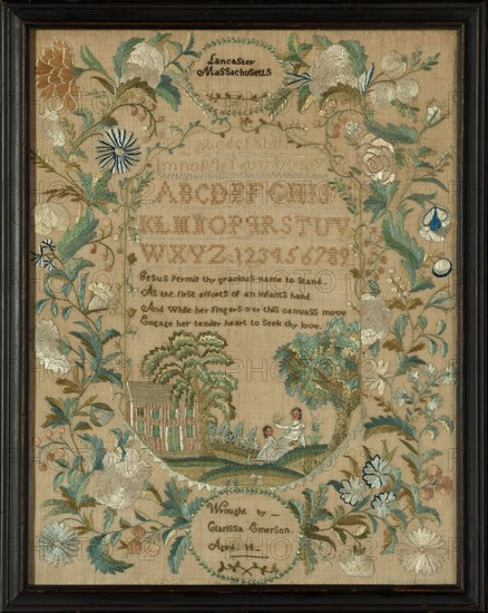 Sampler, Massachusetts, 1822/23. The verse is attributed to the hymn writer John Newton or Isaac Watts. The maker was 14 years old.