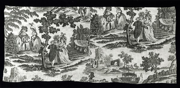Panel (Furnishing Fabric), Manchester, c. 1780. Women in elaborate hats. Designed and engraved by D. Richards.