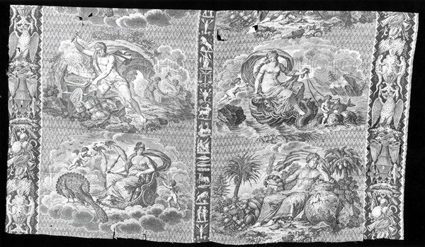 The Elements (Furnishing Fabric), Nantes, 1810/20. Vulcan at his forge representing Fire; sea goddess on a shell pulled by dolphins representing Water; chariot pulled by peacocks representing Air; male god surrounded by fruit and vegetables representing Earth. Designed by Bonaventure M. Lebert, manufactured by Hartmann et Fils.