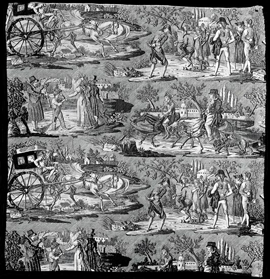 La Route de St. Cloud ou de Poissy (Furnishing Fabric), Nantes, 1822 or after. Designed by Carle Vernet and Delmès, engraved by Philibert Louis Debucourt after Vernet, manufactured by Favre Petitpierre et Cie.