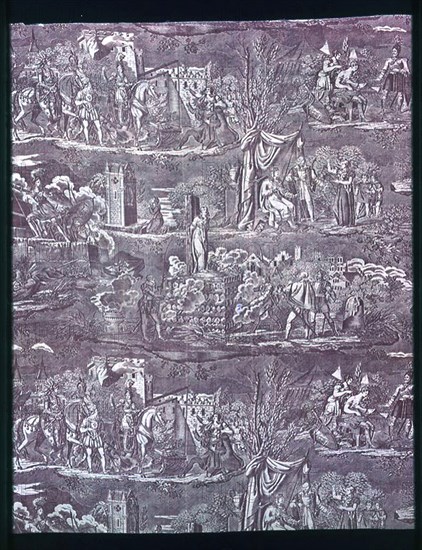 La Vie de Jeanne d'Arc (The Life of Joan of Arc) (Furnishing Fabric), Bolbec, after 1817. Designed by Charles Abraham Chasselat, engraved by Jamet, manufactured by François Kettinger et Fils.