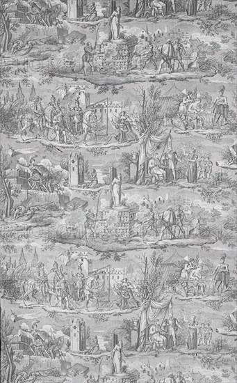 La Vie de Jeanne d'Arc (The Life of Joan of Arc) (Furnishing Fabric), Bolbec, after 1817. Joan, wearing armour, conquers Britannia; Joan is burned at the stake. Designed by Charles Abraham Chasselat, manufactured by François Kettinger et Fils.
