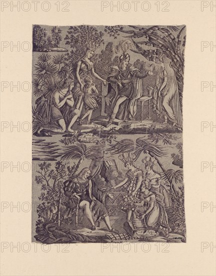 Le Romance du Cortés (The Song of Cortez) (Furnishing Fabric), Nantes, 1815. 'Cortez Recevoie une Esclave Sans Rançon', [Cortez Recieves a (female) Slave with no Ransom]; 'Cortez Refuse les presens des Indiens', [Cortez Refuses the gifts of the Indians]. Eurocentric view of the invasion and conquest of the Americas. Designed by Delmès after Hyacinthe Aubry-Lecomte, manufactured by Favre-Petitpierre et Cie.