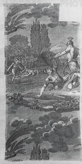 Le Combat des Horaces et des Curiaces (Furnishing Fabric), Nantes, c. 1820. Battle of the Horatii and Curiatii. Designed by Francois Pieters after engravings by Antoine Alexandre Morel after painting by Jacques Louis David and drawing by Jean Jacques Francois Lebarbier.