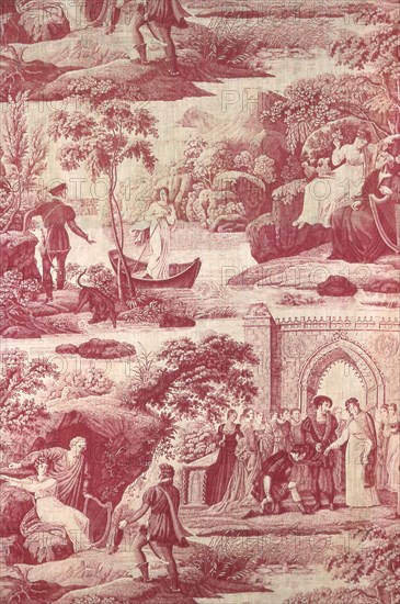 The Lady of the Lake (Furnishing Fabric), Mulhouse, c. 1820. Scenes from Arthurian legend. Designed by G. Merklen.