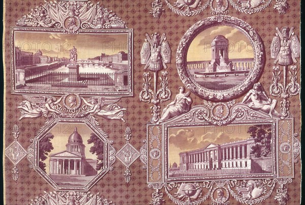 Les Monuments de Paris (The Monuments of Paris) (Furnishing Fabric), France, 1816/18. Designed by Hippolyte Lebas, engraved by Nicolas Auguste Leisnier, manufactured by Christophe Philippe Oberkampf.