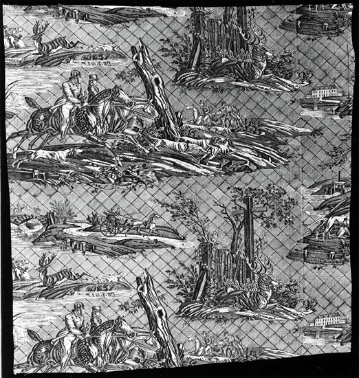 La Route de Jouy (The Road to Jouy) (Furnishing Fabric), France, 1815. Designed by Horace Vernet, engraved by Pierre Guillaime Lemeunnie, manufactured by Oberkampf Manufactory.