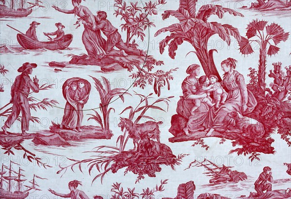 'Paul and Virginie', Furnishing Fabric, France, 1802. Designed by Jean Baptiste Huet after engraving by Abraham Girardet after drawing by Jean-Michel Moreau the Younger, based on the story by Bernardin de Saint-Pierre, manufactured by Oberkampf Manufactory.