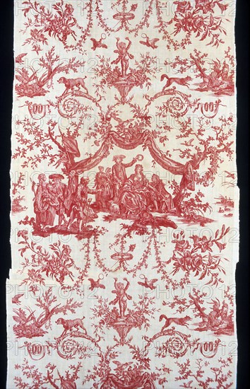 Le Couronnement de la Rosière (The Crowning of the Rose Maiden) (Furnishing Fabric), France, c. 1780. Designed by Jean Baptiste Huet after Jean Baptiste Greuze, manufactured by Oberkampf Manufactory.