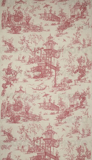 Panel (Furnishing Fabric), Nantes, c. 1786. Chinese-inspired pattern with teahouses, pagodas, exotic birds and nobles being carried in litters. Designed by Jean Baptiste Huët after Jean Baptiste Pillement.