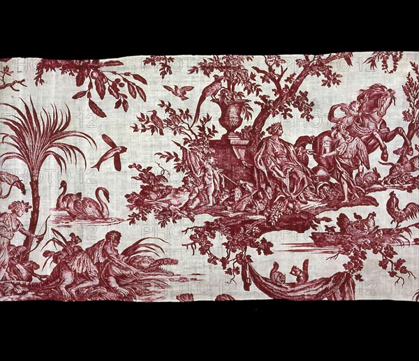 Les Quatre Parties du Monde (Four Quarters of the Globe) (Furnishing Fabric), France, c.1794. Indigenous people with a crocodile or alligator; flying fish, swans and squirrels; Cupid presenting a miniature building to a woman in a crown. Designed by Jean Baptiste Huet, Engraved by Johann Elias Ridinger, manufactured by Christophe-Philippe Oberkampf.