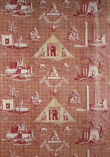 Les Monuments d'Egypte (The Monuments of Egypt), furnishing fabric, France, c. 1800. Designed by Jean Baptiste Huet. Christophe Phillipe Oberkampf (producer), Louis François Cassas (painter), Pagelet (engraver), Pierre Gabriel Berthault (engraver)