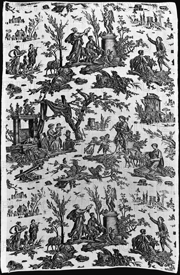 Le Sacrifice à l'Amour (Offrande à l'Amour) (Furnishing Fabric), France, c. 1795. Sacrifice/offering to Love: rustic scenes with shepherd and shepherdess offering a lamb before a statue of Cupid; bagpiper with dancing children; woman and child with dog, cat and baby in cradle. Designed by Jean Baptiste Huet, manufactured by Christophe Phillipe Oberkampf
