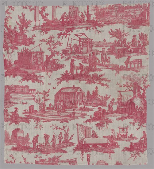 Les Travaux de la Manufacture (The Activities of the Factory) (Furnishing Fabric), France, 1783/84. Dyeing and printing of mass-produced textiles. Designed by Jean Baptiste Huet, manufactured by Oberkampf Manufactory.