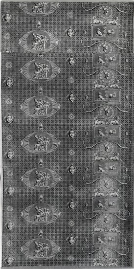 L'Amour Vainqueur (Love Triumphant) (Furnishing Fabric), France, c.1804. Neoclassical design with sheep, wolf, sphinxes, Venus and Cupid.  Designed by Jean Baptiste Huet or Hippolyte Lebas, manufactured by Christophe Phillipe Oberkampf.