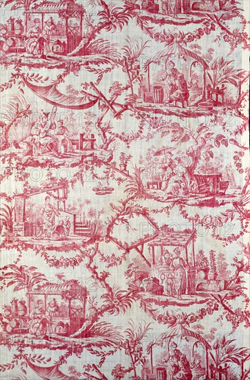 Chinoiseries (Furnishing Fabric), France, c. 1780. Chinese-influenced pattern, floral print with vignettes of people. Designed by Jean Baptiste Pillement after engravings by Pierre Charles Canot, Manufactured by Christophe Phillipe Oberkampf.