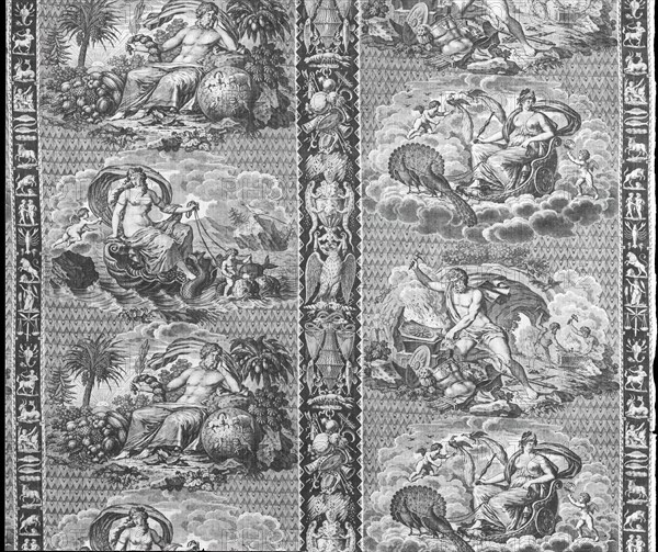 The Elements (Furnishing Fabric), Munster, c. 1810. Vulcan at his forge representing Fire; sea goddess on a shell pulled by dolphins representing Water; chariot pulled by peacocks representing Air; male god surrounded by fruit and vegetables representing Earth. Designed by Bonaventure M. Lebert, manufactured by Hartmann et Fils.
