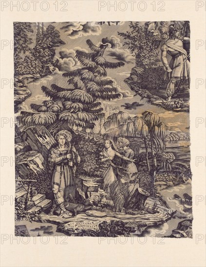 Le Solitaire au Pont du Torrent (The Hermit at the Bridge over the Torrent) (Furnishing Fabric), Munster, c. 1822. Man playing a lyre with a dead deer at his feet. Designed by Marius Rollet, manufactured by Hartmann et Fils.
