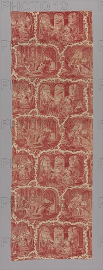 Furnishing Fabric, France, 1827/40. 'Leceister visitant Amy Robsart, [Robert Dudley, 1st Earl of Leicester visiting Amy Robsiart]. Marie Stuart et son secretaire, [Mary, Queen of Scots and her secretary David Rizzio], Belinde a sa toilette [Belinda at her toilette], Othello racontant l'histoire de sa vie [Othello telling the story of his life]. Designed by Philippe Wyngaert after engravings by Jean-Pierre-Marie Jazet and paintings by Henri Jean-Baptiste Fradelle.