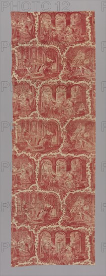 Furnishing Fabric, France, 1827/40. 'Leceister visitant Amy Robsart, [Robert Dudley, 1st Earl of Leicester visiting Amy Robsiart]. Marie Stuart et son secretaire, [Mary, Queen of Scots and her secretary David Rizzio], Belinde a sa toilette [Belinda at her toilette], Othello racontant l'histoire de sa vie [Othello telling the story of his life]. Designed by Philippe Wyngaert after engravings by Jean-Pierre-Marie Jazet and paintings by Henri Jean-Baptiste Fradelle.