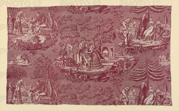 Panel (Furnishing Fabric), France, c. 1820. Pattern of couples in garden settings. One of the vignettes shows a funerary monument inscribed 'Ici Repose l'Epouse de Fiz-Henri', [Here lies the wife of Fiz-Henri]. Designed by Philippe Wyngaert.