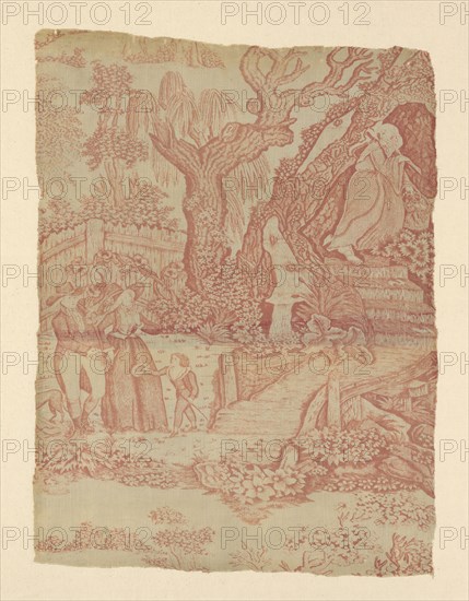 Changing Seasons (Furnishing Fabric), England, 1789/90. Saint or hermit by a waterfall, a family walking in the countryside.