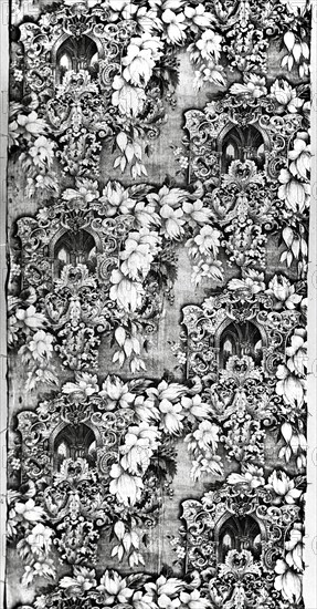 Panel (Furnishing Fabric), England, c. 1830. Floral print with Gothic church motif.