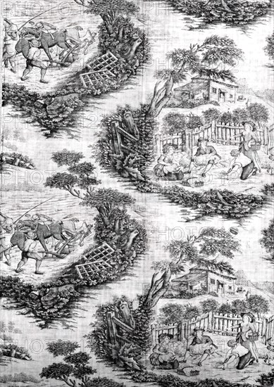 Panel (Furnishing Fabric), England, c. 1785. Rural scenes: sheep-shearing, ploughing.