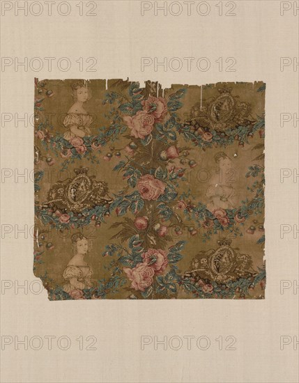 Fragment (Furnishing Fabric), England, 1837/38. Floral print with motifs of the  royal coat of arms of the United Kingdom and a woman, probably Queen Victoria who acceded to the throne in 1837.