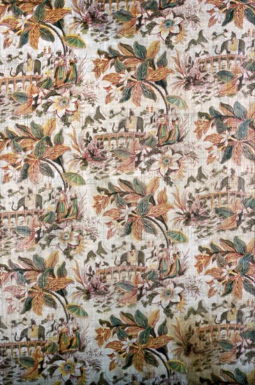 Panel (Furnishing Fabric), England, c. 1825. Floral print with vignette of elephant and [Chinese or Indian?] people with parasol.