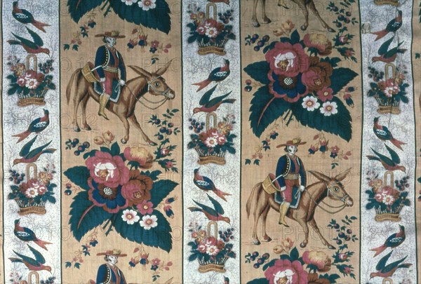 Panel (Furnishing Fabric), England, c. 1850. Floral print with man on a donkey motif.