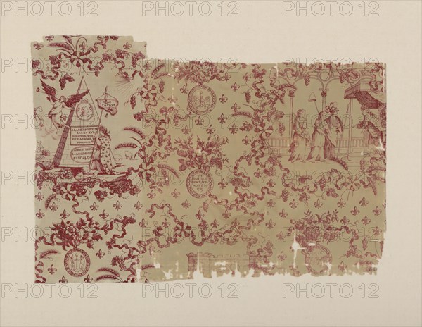 Le Bastille Demolité (Fall of the Bastille) (Furnishing Fabric), England, c. 1790. Tomb of Louis XVI; allegorical figures of Justice and Liberty.