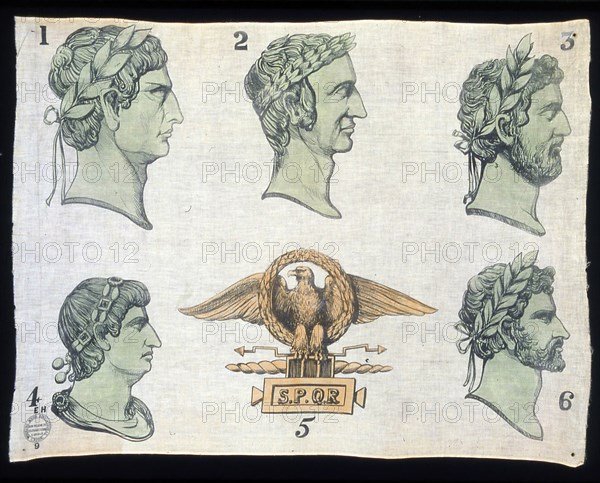 Panel (Furnishing Fabric), London, c. 1850s. Busts of Roman emperors in profile, with eagle and laurel wreath motif.